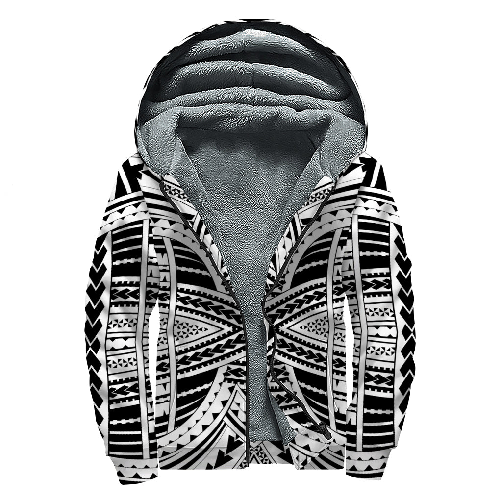 Black And White Maori Tribal Print Sherpa Lined Zip Up Hoodie