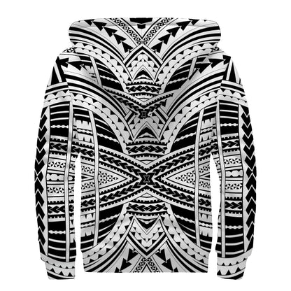 Black And White Maori Tribal Print Sherpa Lined Zip Up Hoodie