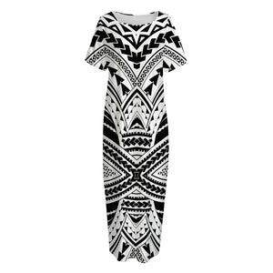 Black And White Maori Tribal Print Short Sleeve Long Nightdress