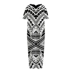 Black And White Maori Tribal Print Short Sleeve Long Nightdress