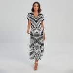 Black And White Maori Tribal Print Short Sleeve Maxi Dress