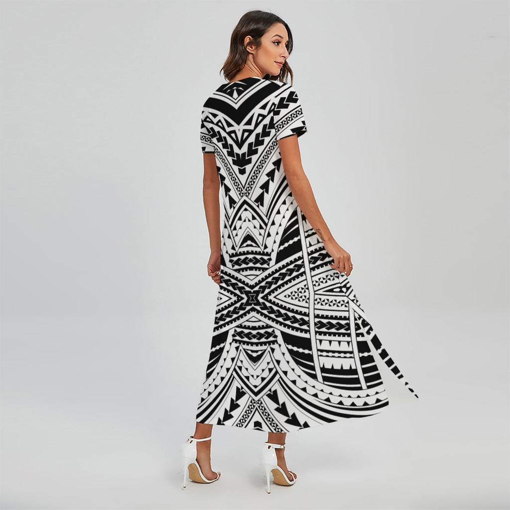 Black And White Maori Tribal Print Short Sleeve Maxi Dress