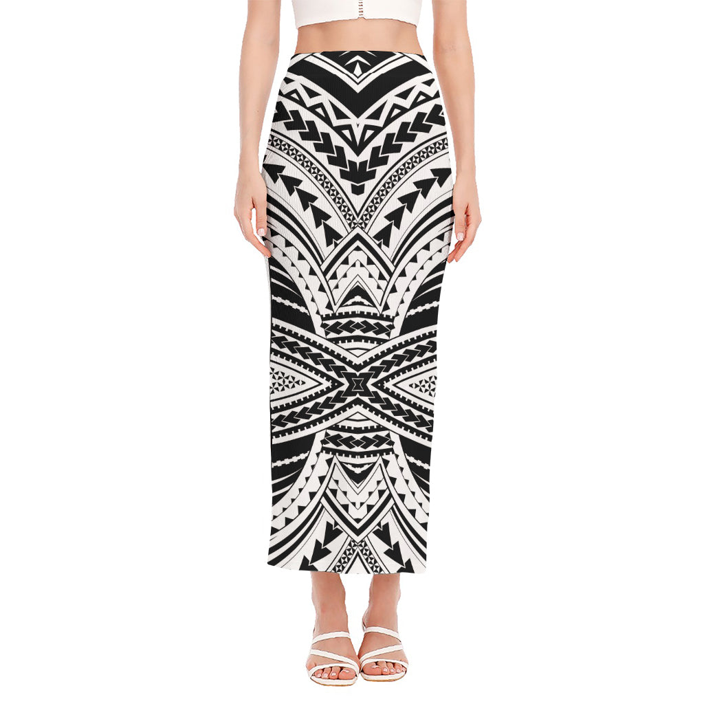 Black And White Maori Tribal Print Side Slit Maxi Skirt