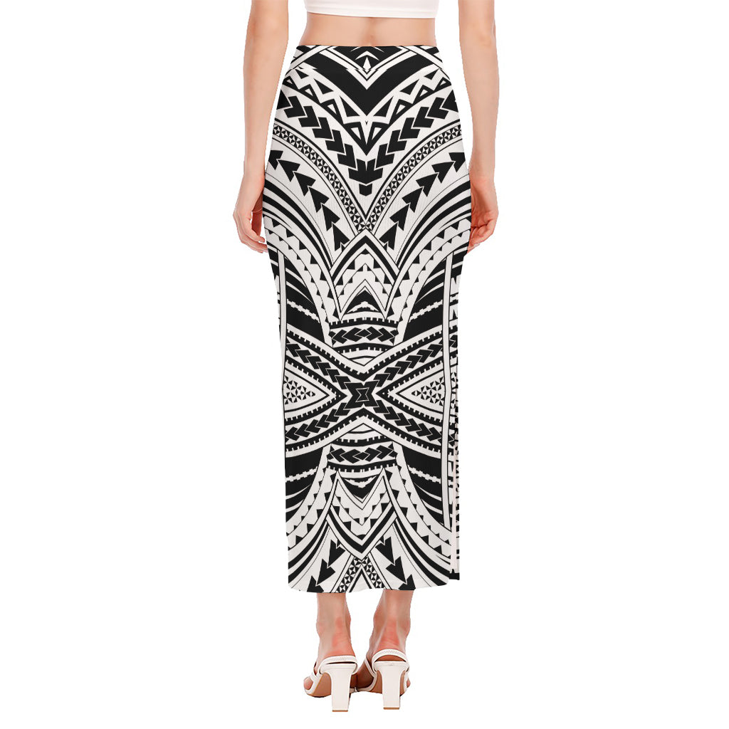 Black And White Maori Tribal Print Side Slit Maxi Skirt