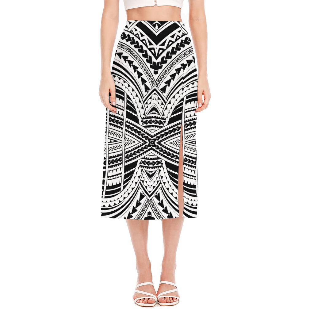 Black And White Maori Tribal Print Side Slit Midi Skirt