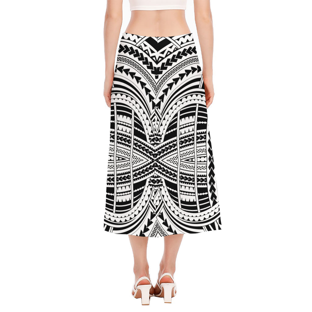 Black And White Maori Tribal Print Side Slit Midi Skirt