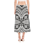 Black And White Maori Tribal Print Side Slit Midi Skirt