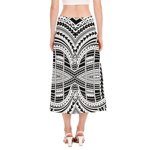 Black And White Maori Tribal Print Side Slit Midi Skirt