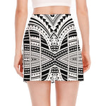 Black And White Maori Tribal Print Side Slit Mini Skirt