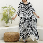 Black And White Maori Tribal Print Silk V-Neck Kaftan Dress