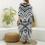 Black And White Maori Tribal Print Silk V-Neck Kaftan Dress