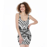 Black And White Maori Tribal Print Sleeveless Bodycon Dress