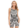 Black And White Maori Tribal Print Sleeveless One Piece Swimsuit