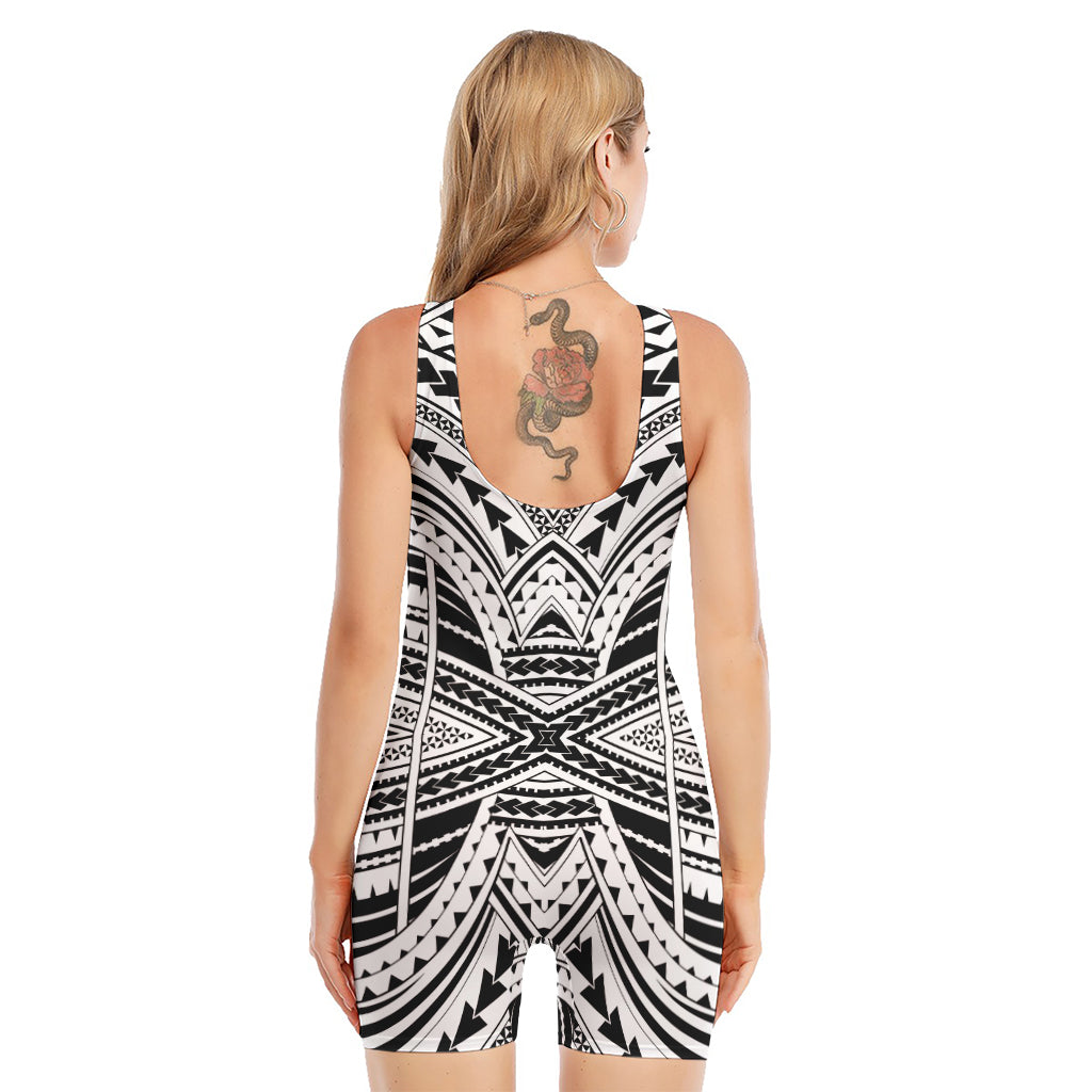 Black And White Maori Tribal Print Sleeveless One Piece Swimsuit