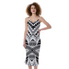 Black And White Maori Tribal Print Slim Fit Midi Cami Dress