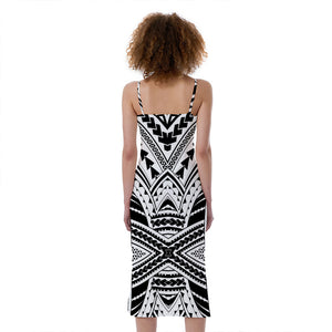 Black And White Maori Tribal Print Slim Fit Midi Cami Dress