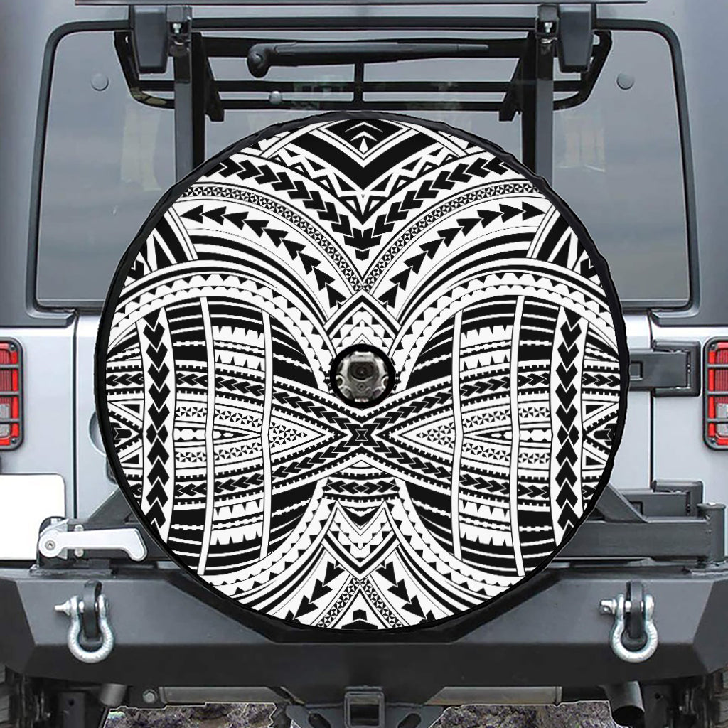 Black And White Maori Tribal Print Tire Cover With Camera Hole