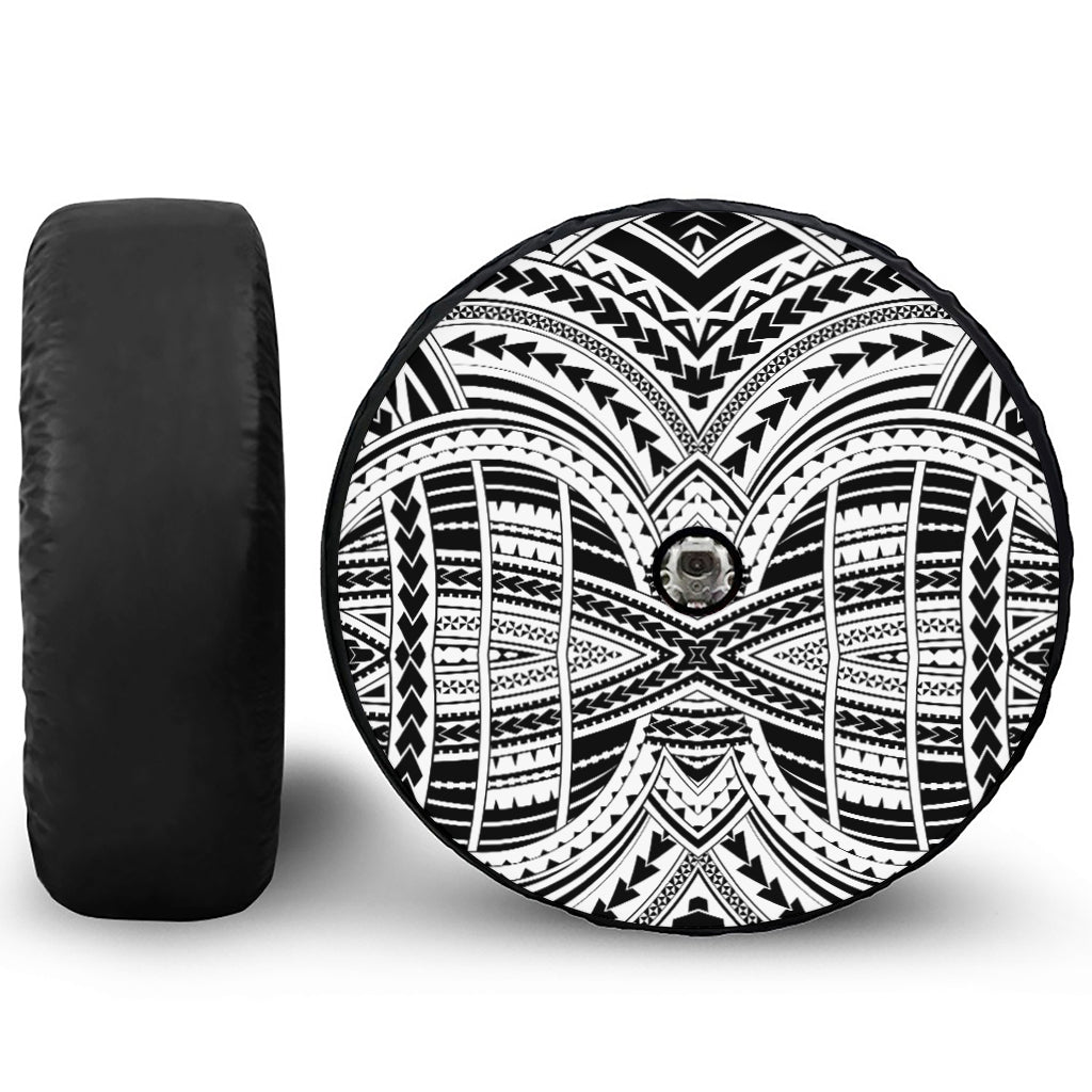 Black And White Maori Tribal Print Tire Cover With Camera Hole