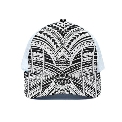 Black And White Maori Tribal Print White Mesh Trucker Cap