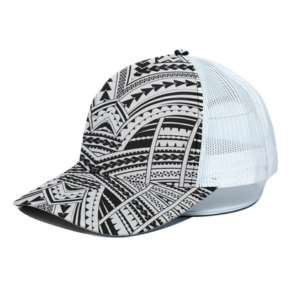 Black And White Maori Tribal Print White Mesh Trucker Cap