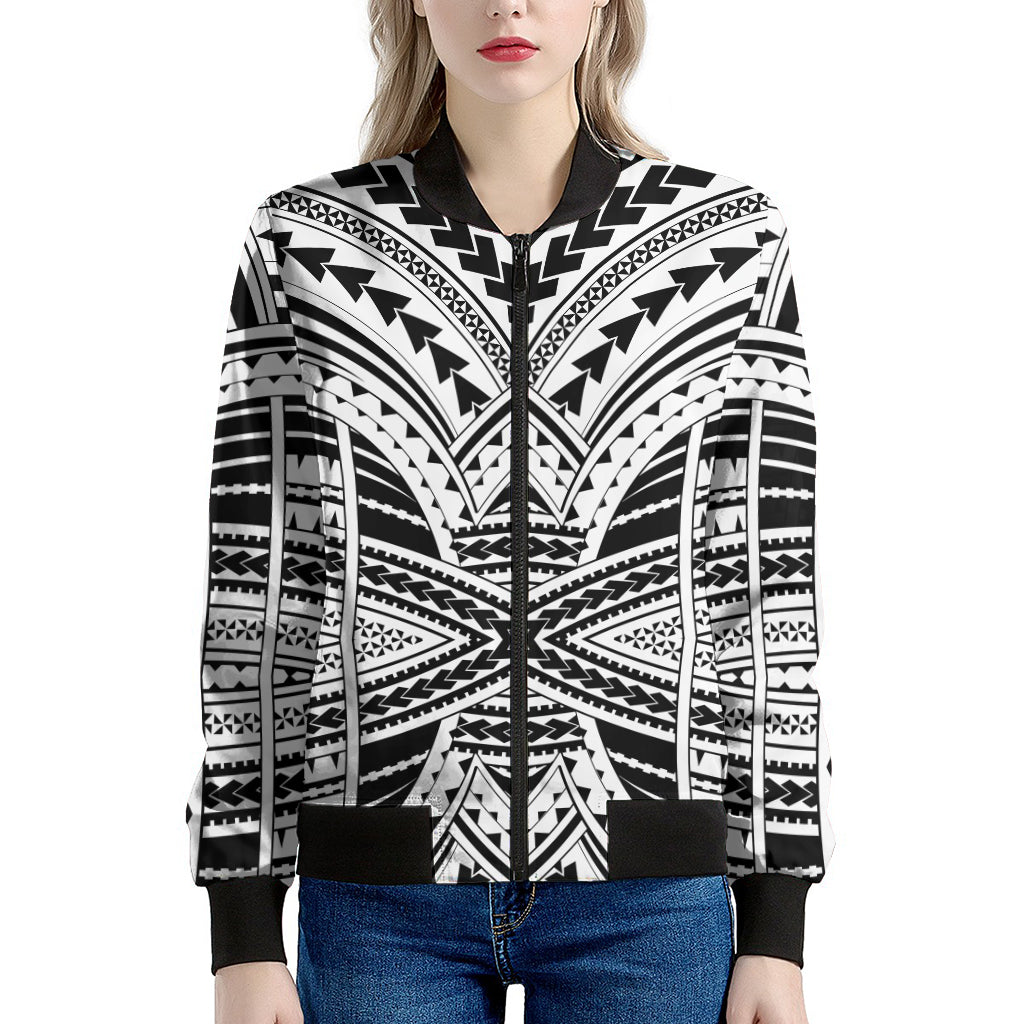 Black And White Maori Tribal Print Women's Bomber Jacket