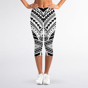 Black And White Maori Tribal Print Women's Capri Leggings