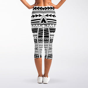 Black And White Maori Tribal Print Women's Capri Leggings