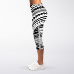 Black And White Maori Tribal Print Women's Capri Leggings