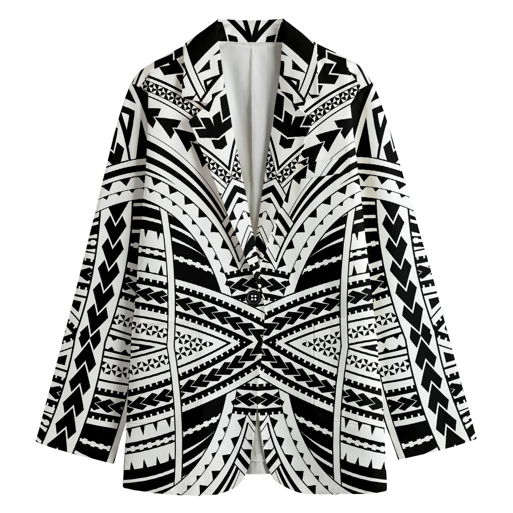 Black And White Maori Tribal Print Women's Cotton Blazer