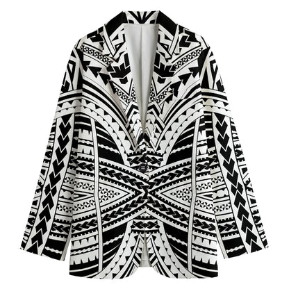 Black And White Maori Tribal Print Women's Cotton Blazer