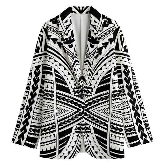 Black And White Maori Tribal Print Women's Cotton Blazer
