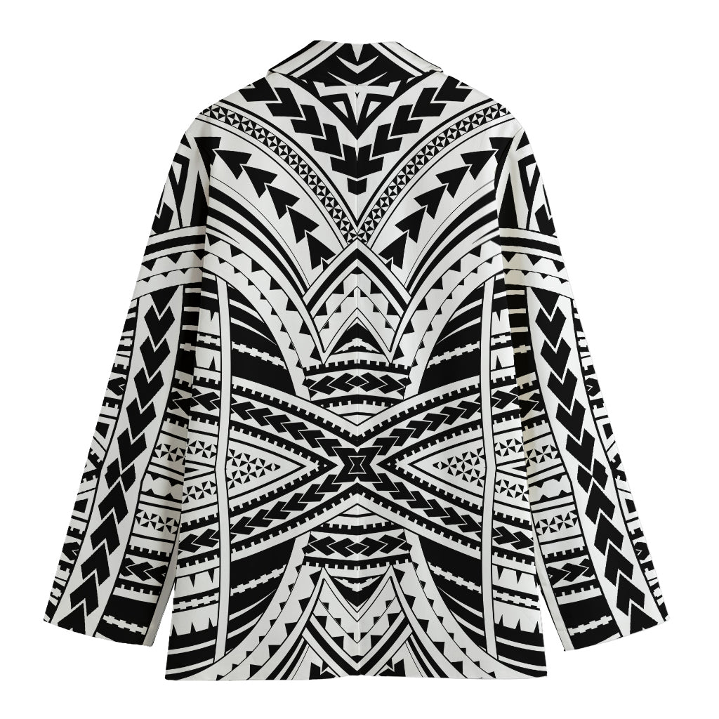 Black And White Maori Tribal Print Women's Cotton Blazer