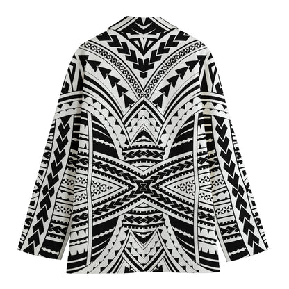 Black And White Maori Tribal Print Women's Cotton Blazer