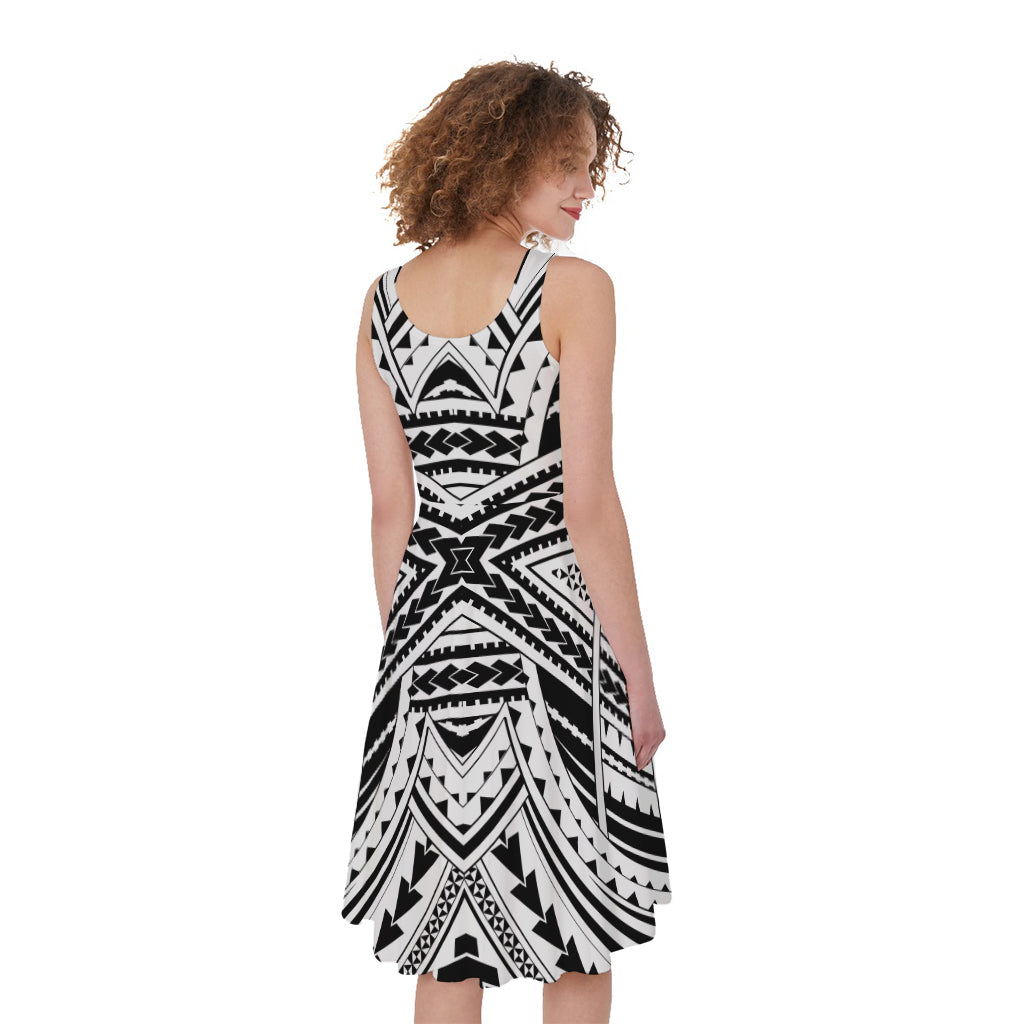 Black And White Maori Tribal Print Women's Sleeveless Dress