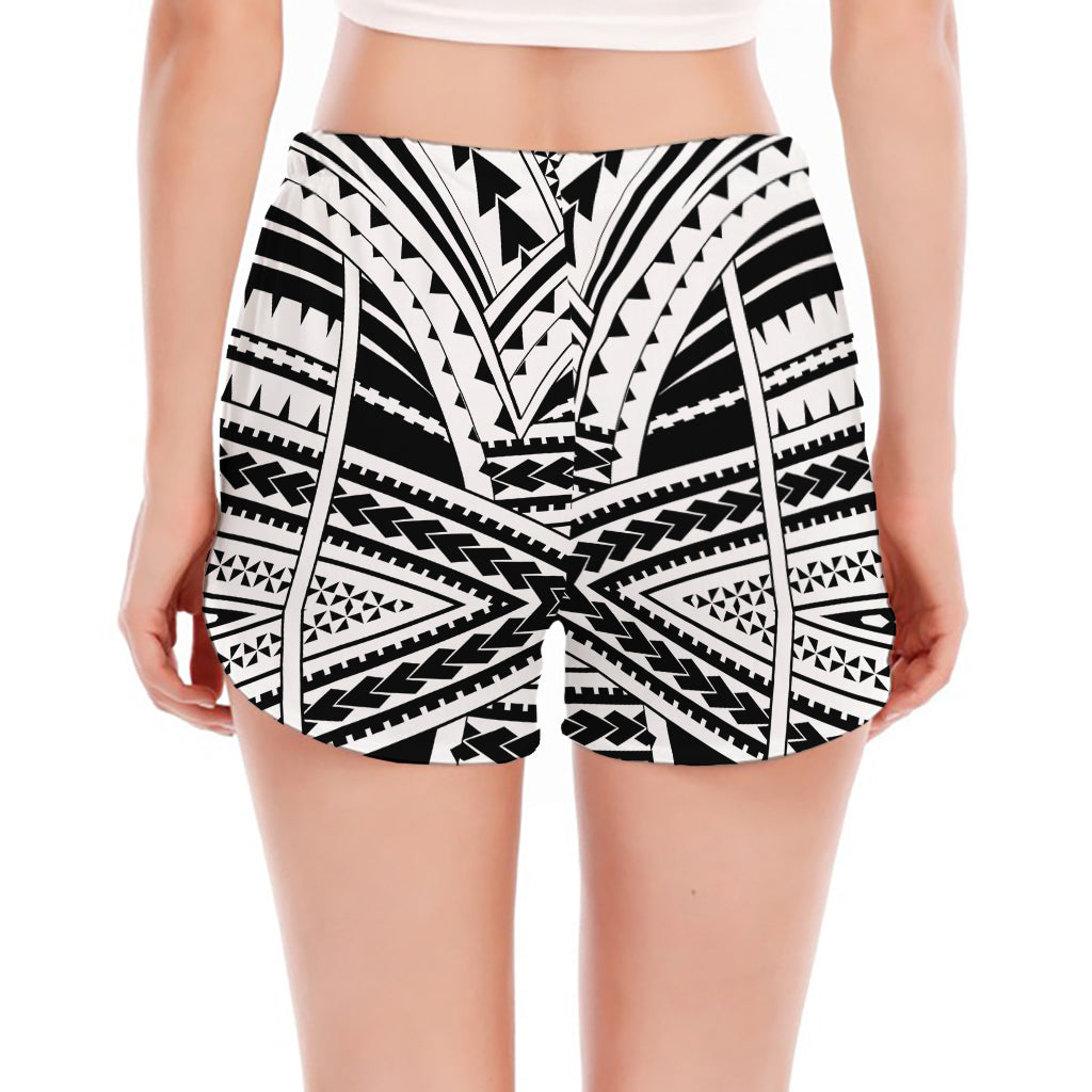 Black And White Maori Tribal Print Women's Split Running Shorts