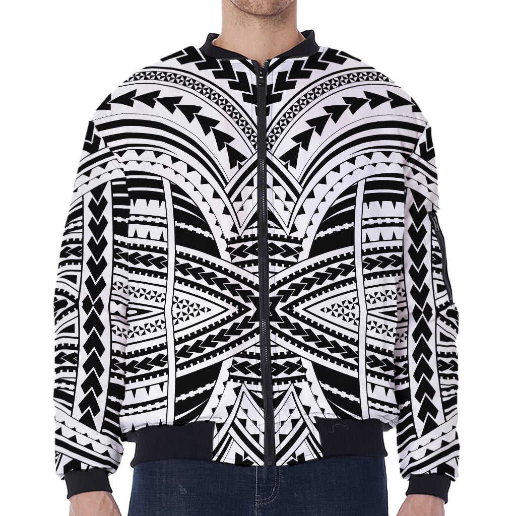 Black And White Maori Tribal Print Zip Sleeve Bomber Jacket