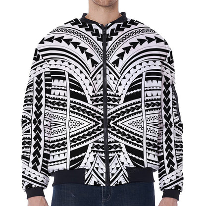 Black And White Maori Tribal Print Zip Sleeve Bomber Jacket