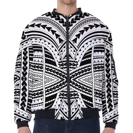Black And White Maori Tribal Print Zip Sleeve Bomber Jacket