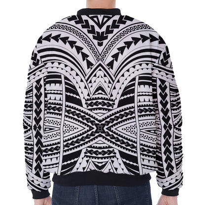 Black And White Maori Tribal Print Zip Sleeve Bomber Jacket