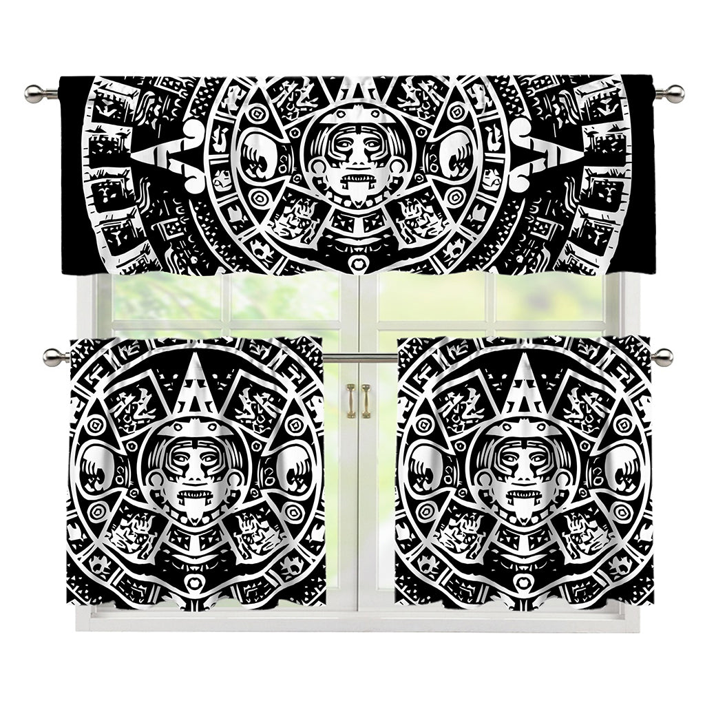Black And White Maya Calendar Print 3 Piece Kitchen Curtains