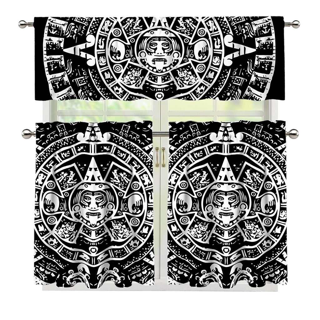 Black And White Maya Calendar Print 3 Piece Kitchen Curtains