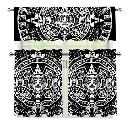 Black And White Maya Calendar Print 3 Piece Kitchen Curtains