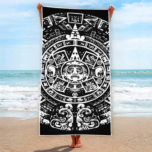 Black And White Maya Calendar Print Beach Towel