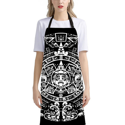 Black And White Maya Calendar Print Bib Apron With Pocket