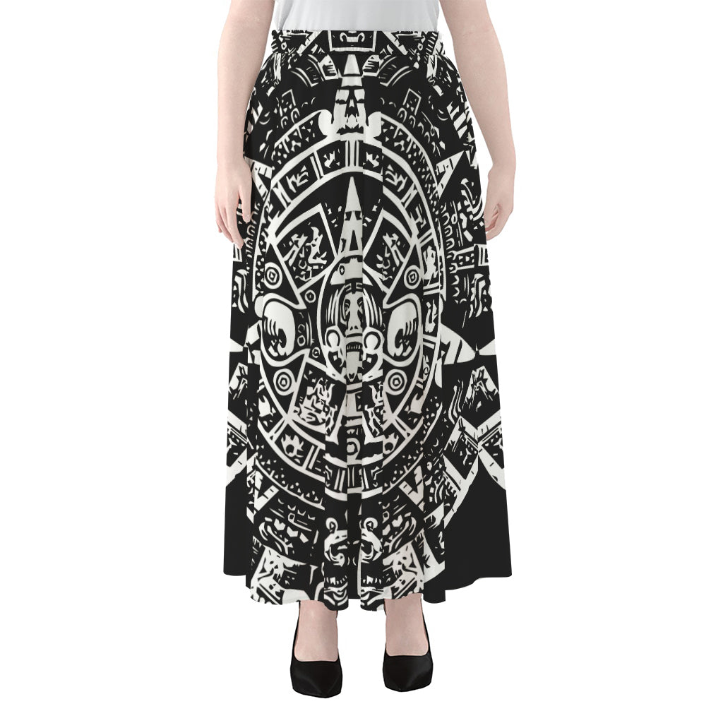 Black And White Maya Calendar Print Chiffon Maxi Skirt