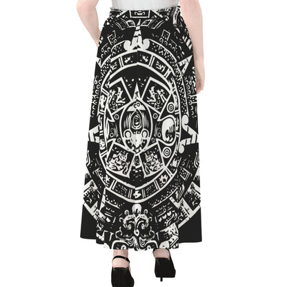 Black And White Maya Calendar Print Chiffon Maxi Skirt