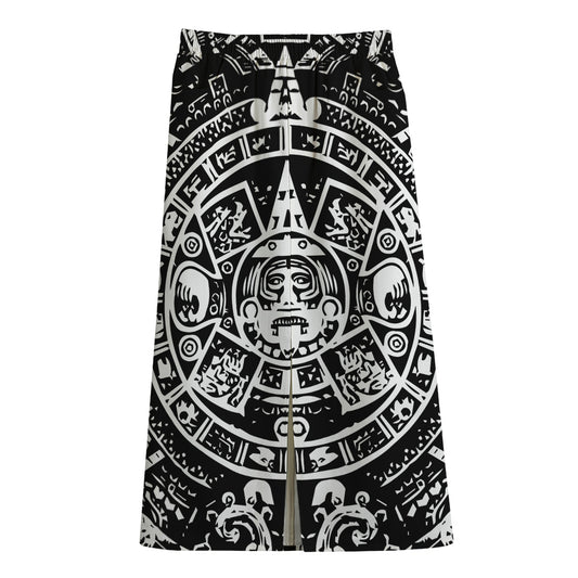 Black And White Maya Calendar Print Cotton Front Slit Maxi Skirt