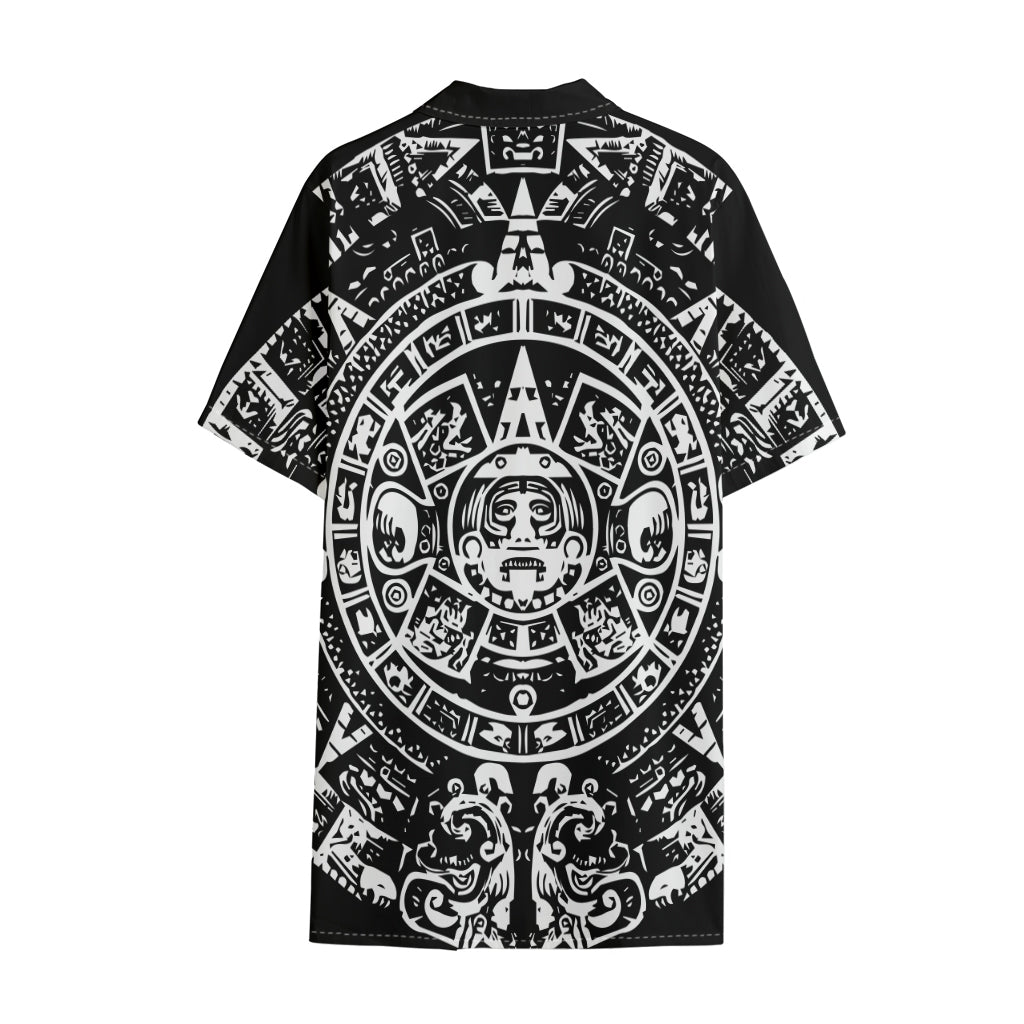 Black And White Maya Calendar Print Cotton Hawaiian Shirt