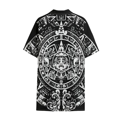Black And White Maya Calendar Print Cotton Hawaiian Shirt
