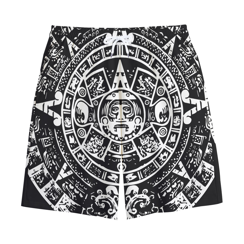 Black And White Maya Calendar Print Cotton Shorts